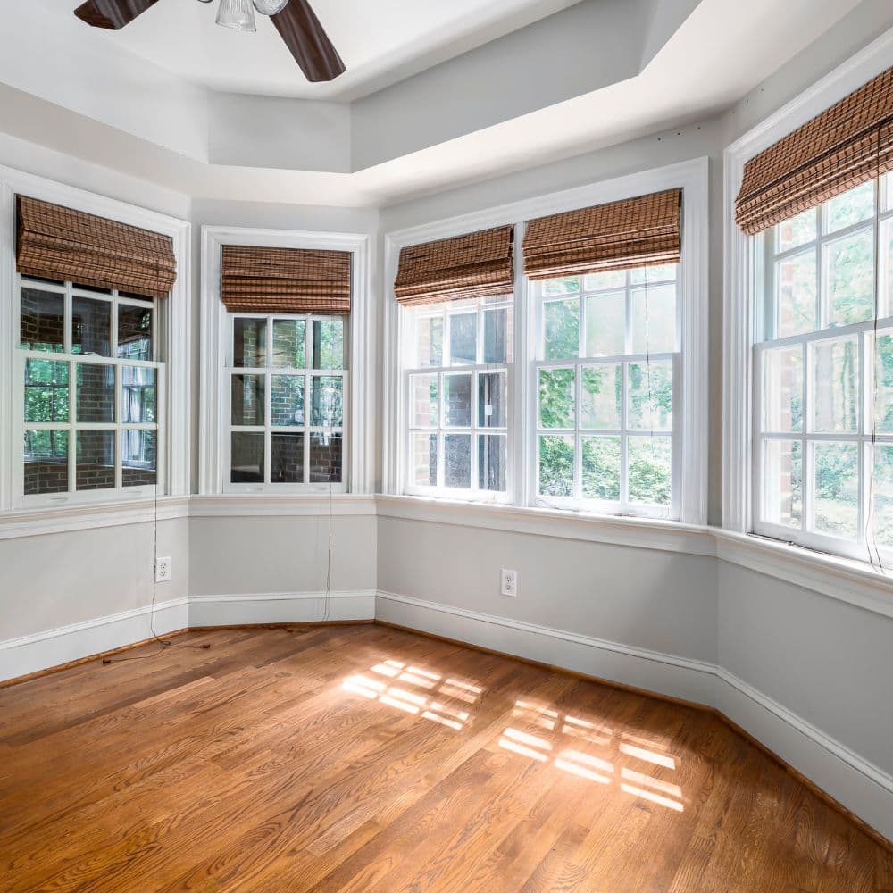 Bay window with timber blinds in a finished room
