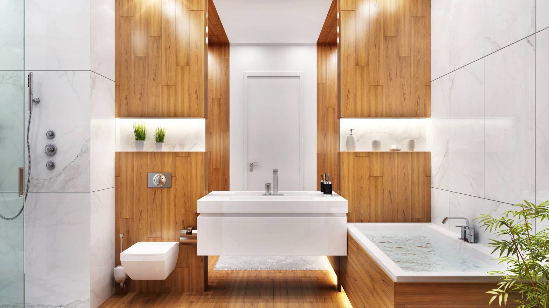 Bathroom with timber-clad walls, wall-hung basin and concealed cistern
