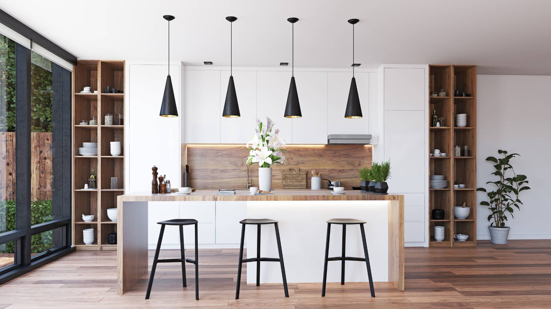 White kitchen with open shelving and pendant lighting over the island