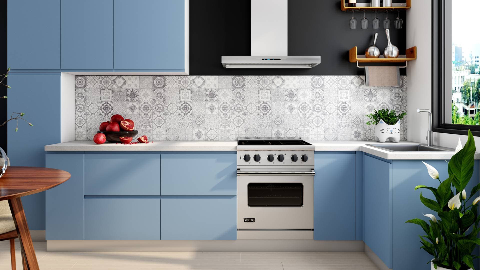 Blue flat-panel kitchen with a patterned tile backsplash